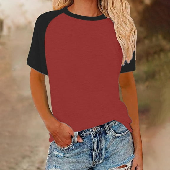 LADIGASU Women's Contrasting Printed Short Sleeved Round Neck Pullover able Top