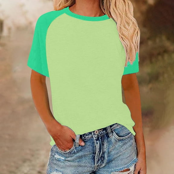 LADIGASU Women's Contrasting Printed Short Sleeved Round Neck Pullover able Top