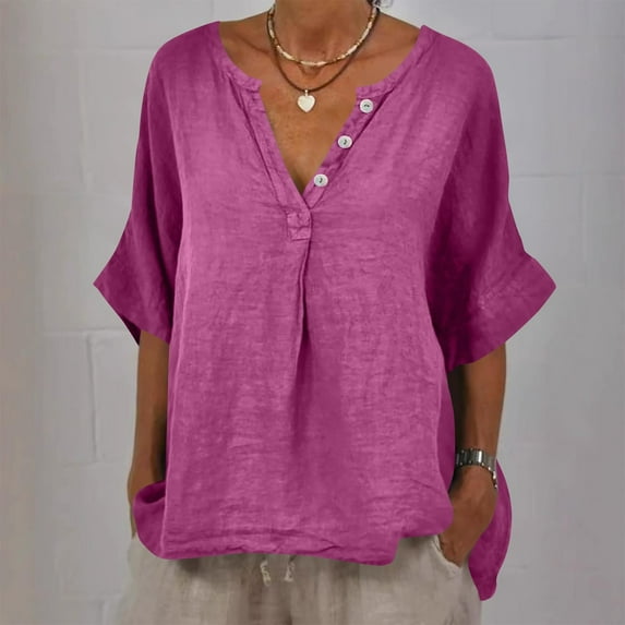 LADIGASU Women's Cotton And Linen Shirt Solid Color Five Quarter Sleeved Top Casual T-shirt V-neck Shirt
