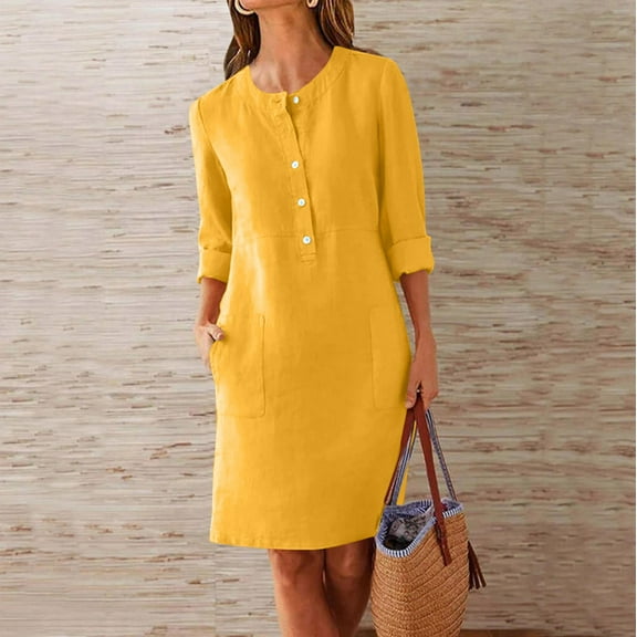 LADIGASU Women's Crewneck Loose Half Sleeve Solid Knee-length Dress