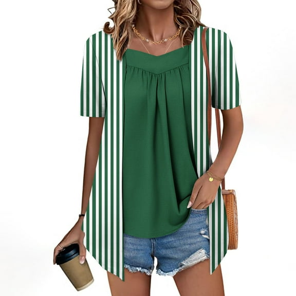 LADIGASU Women's Printed Fake Two Piece Short Sleeve Round-Neck Blouses Top