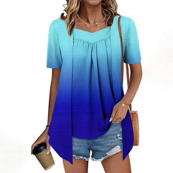 LADIGASU Women's Printed Fake Two Piece Short Sleeve Round-Neck Blouses Top