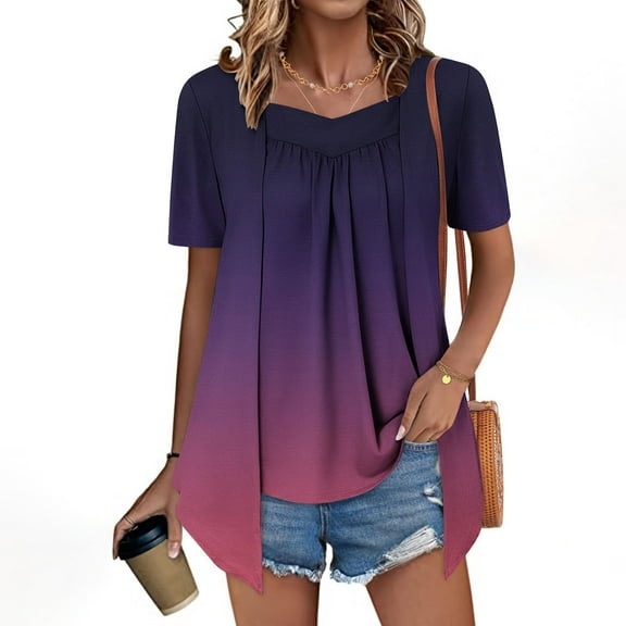 LADIGASU Women's Printed Fake Two Piece Short Sleeve Round-Neck Blouses Top