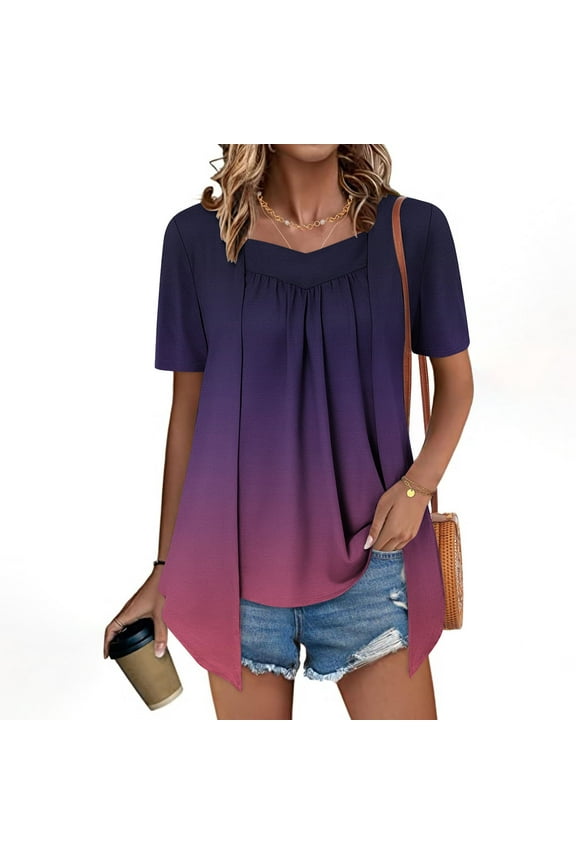 Women's Printed Fake Two Piece Short Sleeve Round-Neck Blouses Top