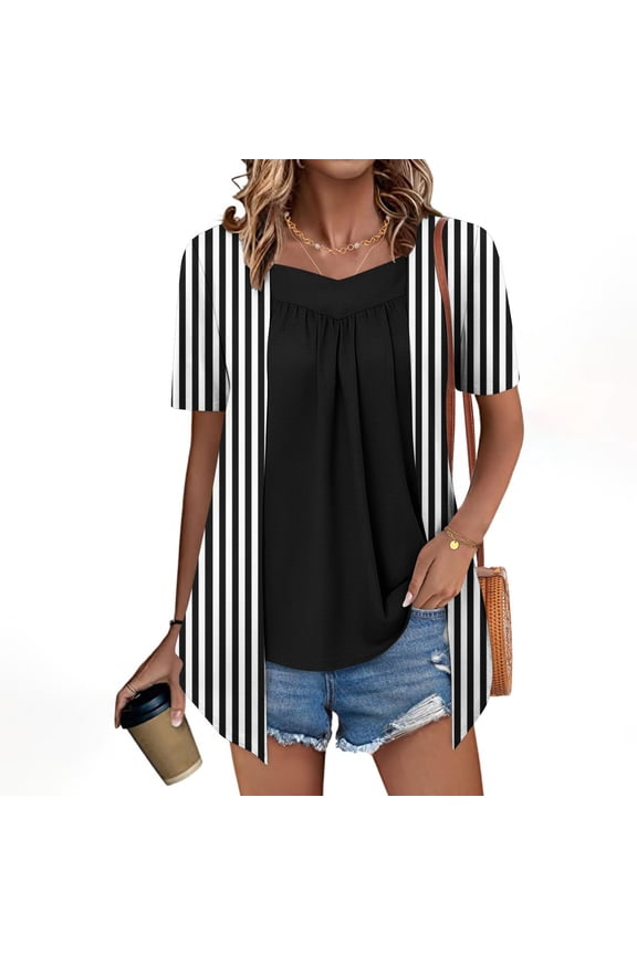 Women's Printed Fake Two Piece Short Sleeve Round-Neck Blouses Top
