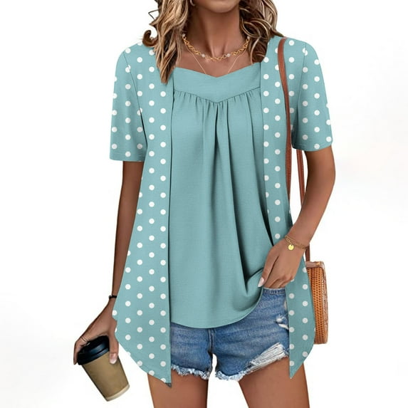 LADIGASU Women's Printed Fake Two Piece Short Sleeve Round-Neck Blouses Top