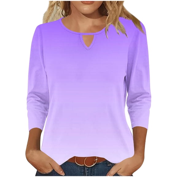LADIGASU Women's Solid Color Round Neck Hollow Out Three Quarter Sleeve 3/4 Sleeve T-shirt Top