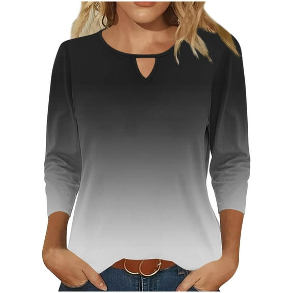 LADIGASU Women's Solid Color Round Neck Hollow Out Three Quarter Sleeve 3/4 Sleeve T-shirt Top