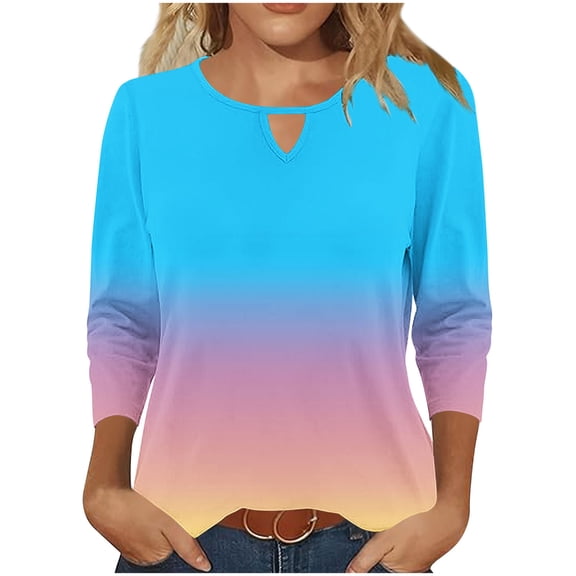 LADIGASU Women's Solid Color Round Neck Hollow Out Three Quarter Sleeve 3/4 Sleeve T-shirt Top