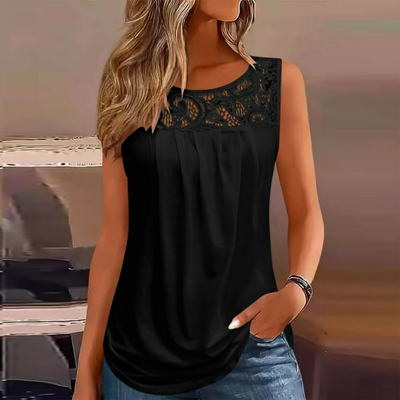 LADIGASU Women's Solid Lace Shirt Female Round Neck Loose T-shirt Blouse