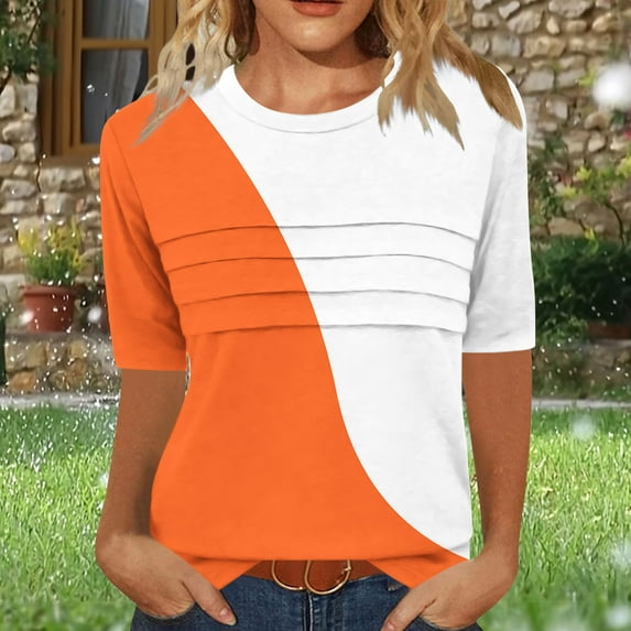 LADIGASU Women's Wrinkled Round Neck 3/4 Sleeve T-shirt Loose-fitting Cropped Sleeve Top