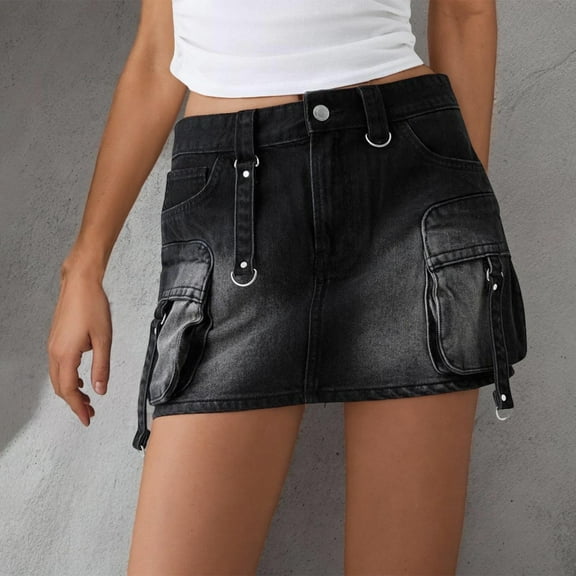 LADIGASU Women's High Waisted Denim Cargo Mini Skirt With Pockets Trendy Stylish Button Zipper Jeans With Retro Inspired