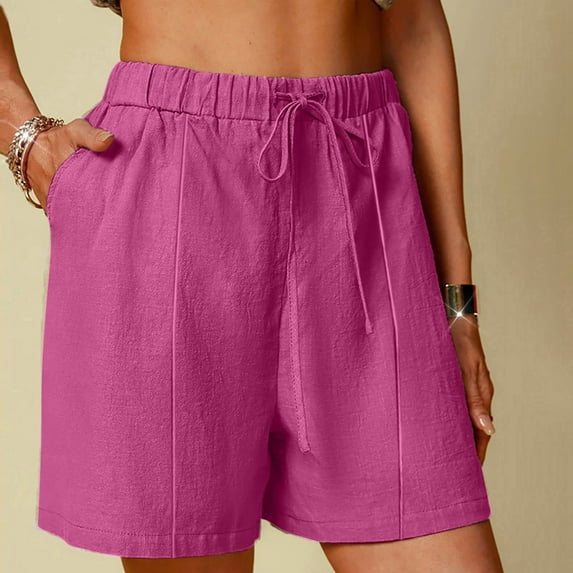 LADIGASU Women's Linen Shorts Solid Color Comfortable Elastic Wide Leg Casual Shorts