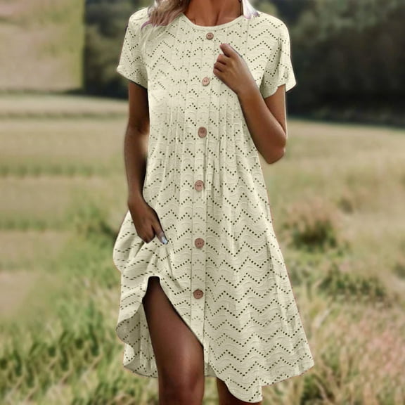 LADIGASU Women'sShort Sleeved Solid Casual Round Neck Dress Knee Buttons Length Dresses