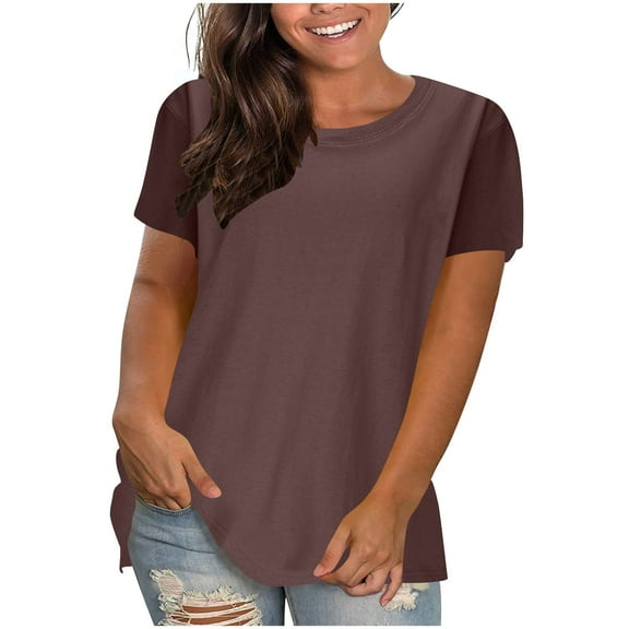 LADIGASU Women'sSolid Color Round Neck Short Sleeve Casual Loose Top T-shirt