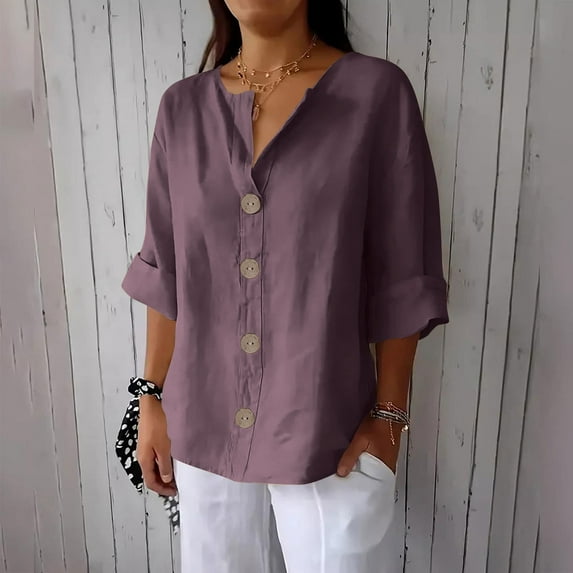 LADIGASU Women'sSolid Color V-neck Quarter 3/4 Sleeve Loose Cotton And Linen Button Up