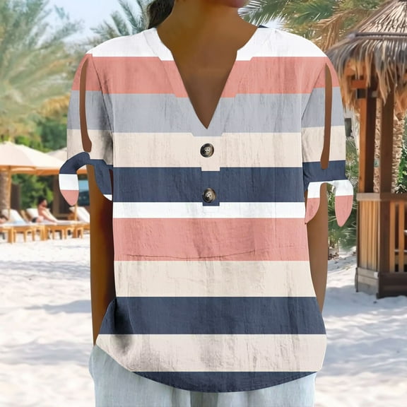 LADIGASU Women's Non Positioning Printed V-neck Button Short Sleeved Tied Loose T-shirt able Casual Top