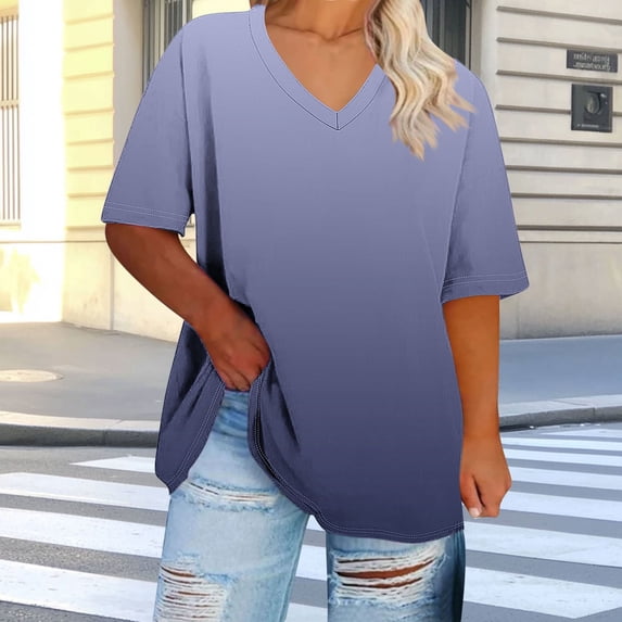 LADIGASU Women's Oversized Casual V-neck Short Sleeved Solid Summer Base Shirt Sports T-shirt