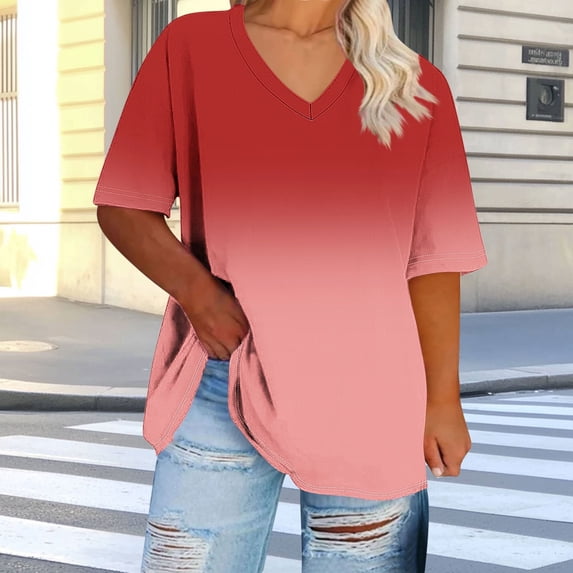 LADIGASU Women's Oversized Casual V-neck Short Sleeved Solid Summer Base Shirt Sports T-shirt