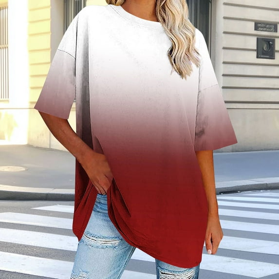 LADIGASU Women's Oversized Round Neck Short Sleeved Solid Summer Base Shirt Sports T-shirt Tops