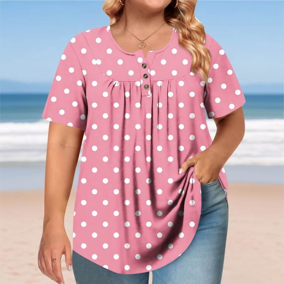 Women's Short Sleeve Round Neck Button-Up Pleated T-Shirt