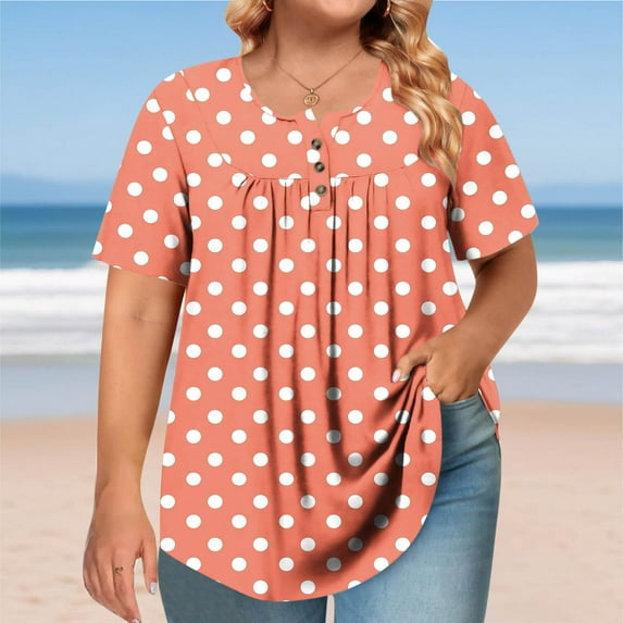 Women's Short Sleeve Round Neck Button-Up Pleated T-Shirt