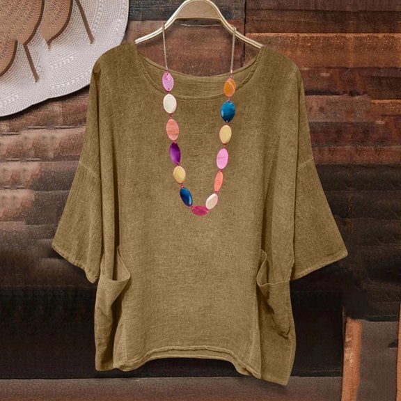 LADIGASU Women's Round Neck Short Sleeve Loose Solid Color T Shirt Tunic Summer Shirt Imitation Of Cotton And Linen Blouse With Pockets