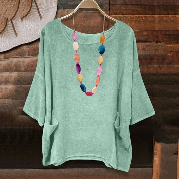 LADIGASU Women's Round Neck Short Sleeve Loose Solid Color T Shirt Tunic Summer Shirt Imitation Of Cotton And Linen Blouse With Pockets