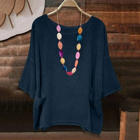 LADIGASU Women's Round Neck Short Sleeve Loose Solid Color T Shirt Tunic Summer Shirt Imitation Of Cotton And Linen Blouse With Pockets