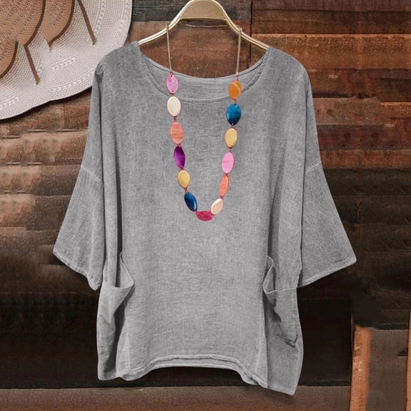 LADIGASU Women's Round Neck Short Sleeve Loose Solid Color T Shirt Tunic Summer Shirt Imitation Of Cotton And Linen Blouse With Pockets