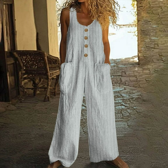 LADIGASU Women Solid Summer Cotton And Linen Button With Pocket Comfortable Plain Sleeveless Casual Wide Leg Jumpsuit Romper Jumpsuit