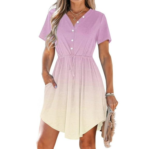 LADIGASU Women's Summer Dress Casual V Neck Short Sleeve Drawstring Dresses With Pockets