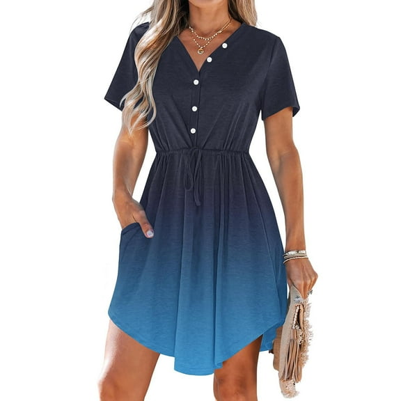 LADIGASU Women's Summer Dress Casual V Neck Short Sleeve Drawstring Dresses With Pockets
