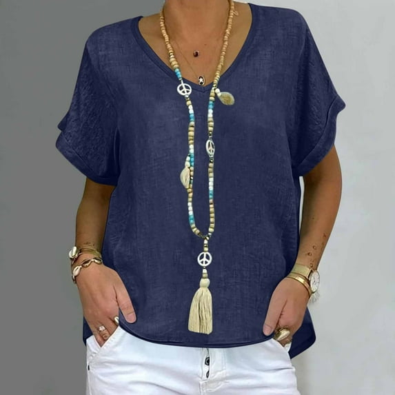 LADIGASU Women's V-Neck Short Sleeve Loose Solid Color T Shirt Tunic Summer Shirt Imitation Of Cotton And Linen Blouse