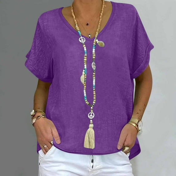 LADIGASU Women's V-Neck Short Sleeve Loose Solid Color T Shirt Tunic Summer Shirt Imitation Of Cotton And Linen Blouse
