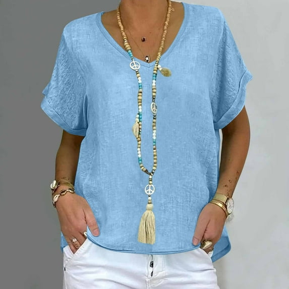 LADIGASU Women's V-Neck Short Sleeve Loose Solid Color T Shirt Tunic Summer Shirt Imitation Of Cotton And Linen Blouse