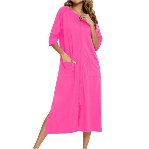 LADIGASU Women's Winter Warm Nightgown And Winter Nightdress Zip With Pokets Loose Pajamas