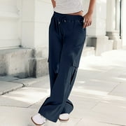 LADIGASU Women's Work Pants Mid Rise Relaxed Straight Leg Cargo Casual Trousers With Multi Pockets
