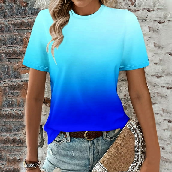 LADIGASU Womens Print Short Sleeve Out Blouse Round Neck T-Shirt