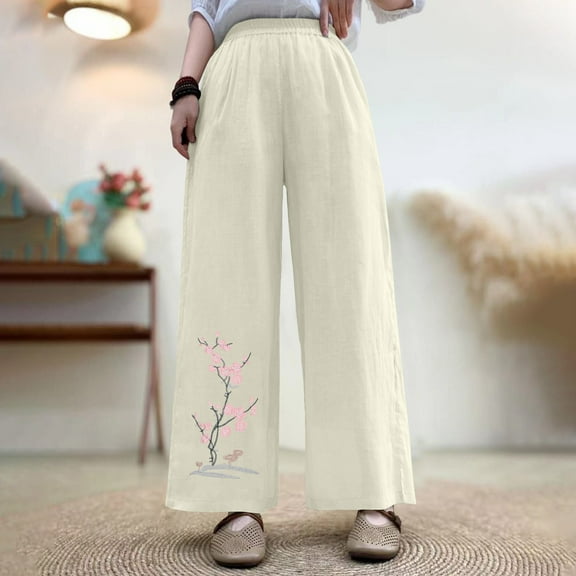 LADIGASU Womens Oversized Cotton And Linen Embroidered Casual Pants Retro Wide Leg Loose Pants