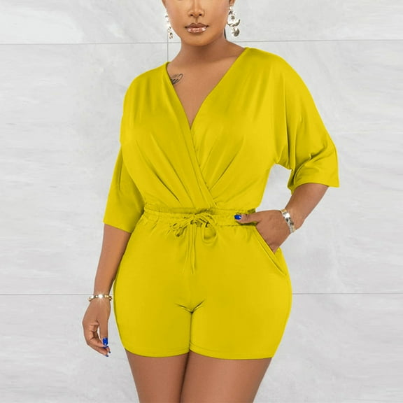LADIGASU Womens Oversized Summer Romper V-Neck Half Sleeve Waist Onesie Romper Beachwear Overalls Shorts Jumpsuit
