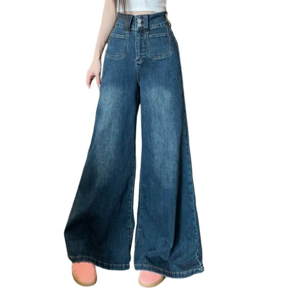 LADIGASU Womens Summer Thin High Waist Pocket Large Wide Leg Jeans