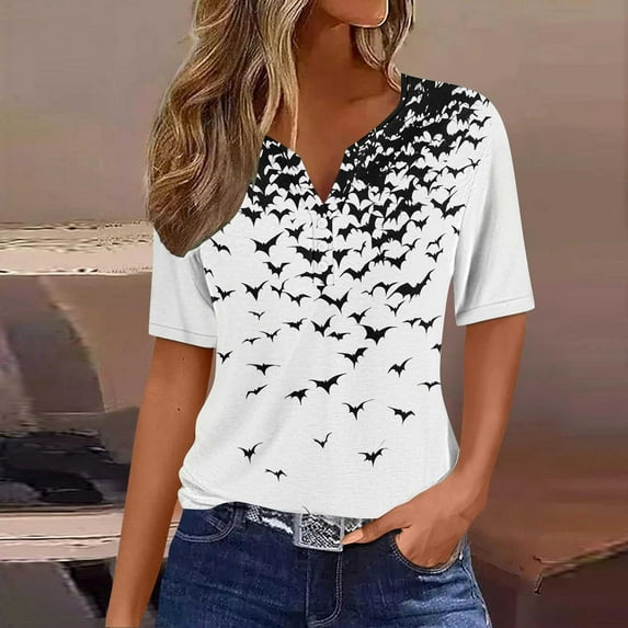 GaThRRgYP Plus Size Tops under 10.00,Women's Halloween Printed Button Short Sleeved V-neck Top/shirt Black XL