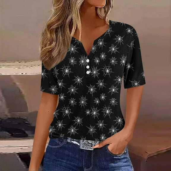 GaThRRgYP Plus Size Tops for Women,Women's Halloween Printed Button Short Sleeved V-neck Top/shirt Black M