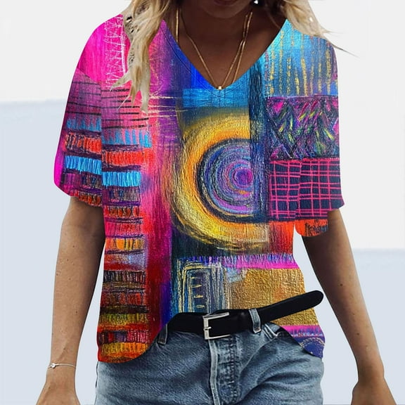 GaThRRgYP Womens Blouses Plus Size,Women's Loose Casual Short Sleeve V Neck T Shirts Printed Tshirts Blouses Hot Pink XXXL