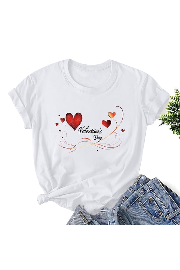 Womens Tops under $5,Women's Lover Printed T-shirt Round Neck Short Sleeved White XXXL