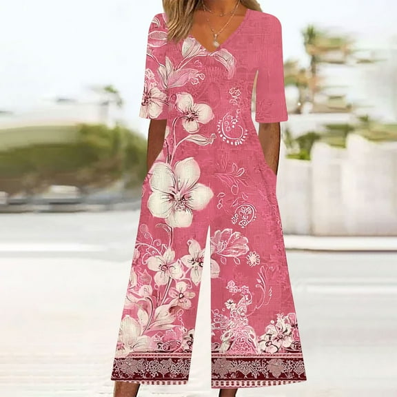 LEBONYARD Cargo Pants Women,Women Summer Floral Print Casual Short Sleeved V-neck Back Zipper Side Pocket Jumpsuit Pants Pink XXL