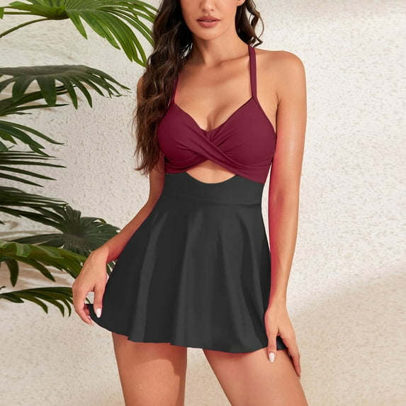 Summer Savings Clearance!LEBONYARD One Piece Swimsuits for Women,Women's 2024 Spring Fashion Swim Skirt Solid Color Large Size Suspender Swim Skirt Wine M