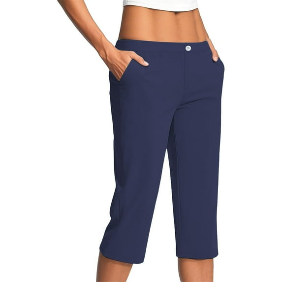 Summer Savings Clearance!LEBONYARD Pants for Women Trendy Summer,Fashion Women Casual Stretch Office Work Crop Pant Summer Lightweight Yoga with Pocket Button Solid Pants Navy L