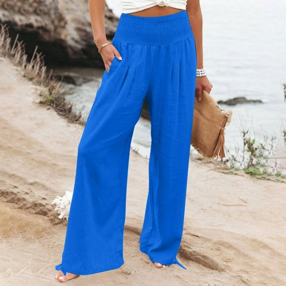 LEBONYARD Pants for Women Trendy Summer,Women's Loose High Waisted Ankle Tied Drawstring Casual Pants Blue S